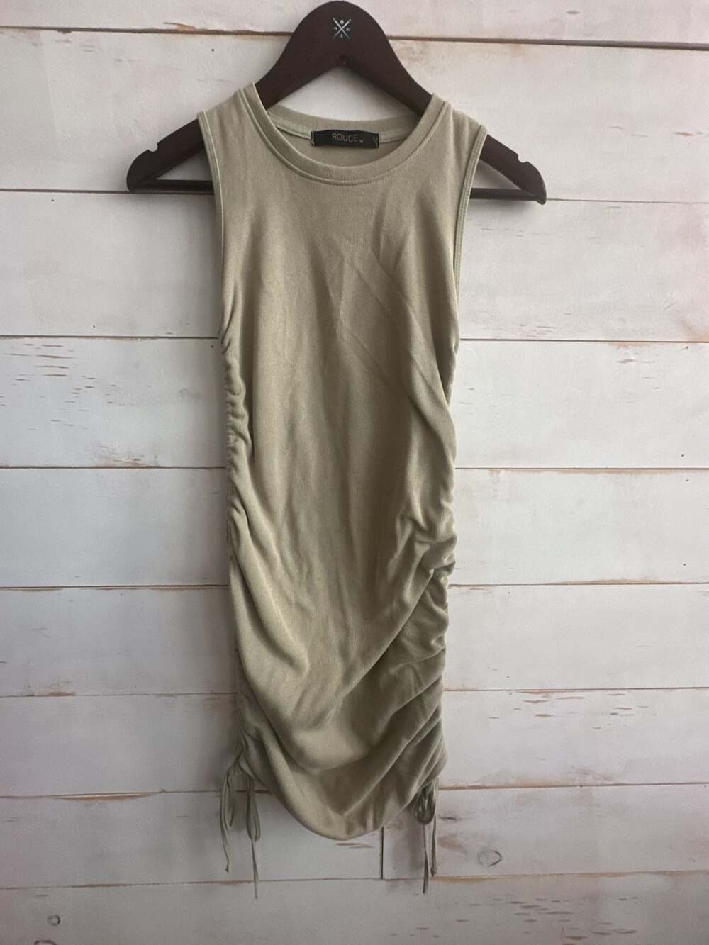 Rouge Ribbed Sleeveless Side-Ruched Mini Dress in Sage Green
